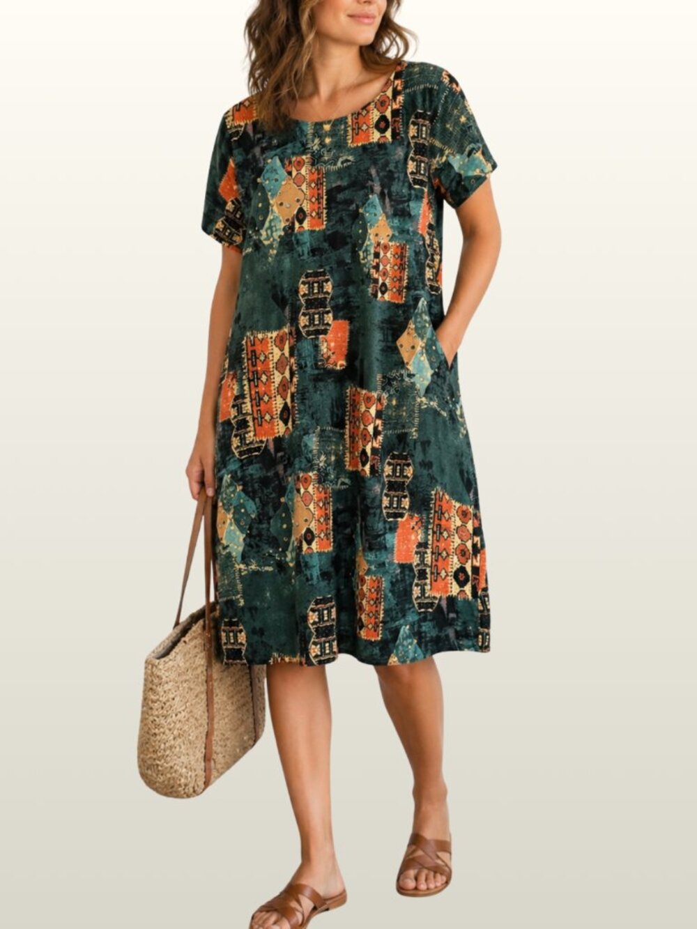 Relaxed Teal Patchwork Print Midi Dress with Short Sleeves